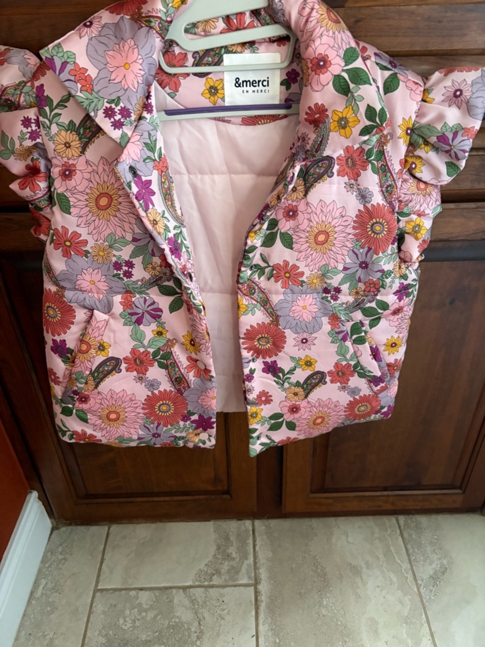 &merci Pink Floral Quilted Vest with Ruffle Shoulders